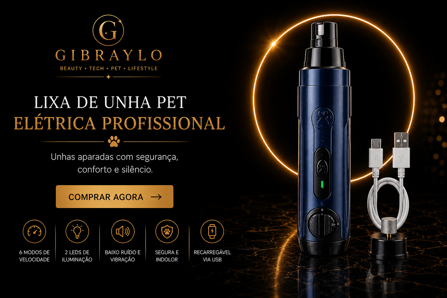 Lixa de Unha Pet Elétrica Profissional com LED